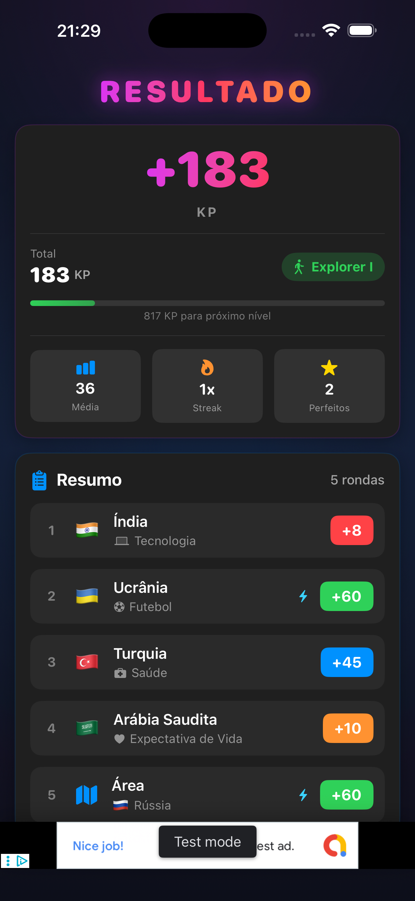 Earth Quiz game summary screen showing final score, Knowledge Points earned and performance statistics
